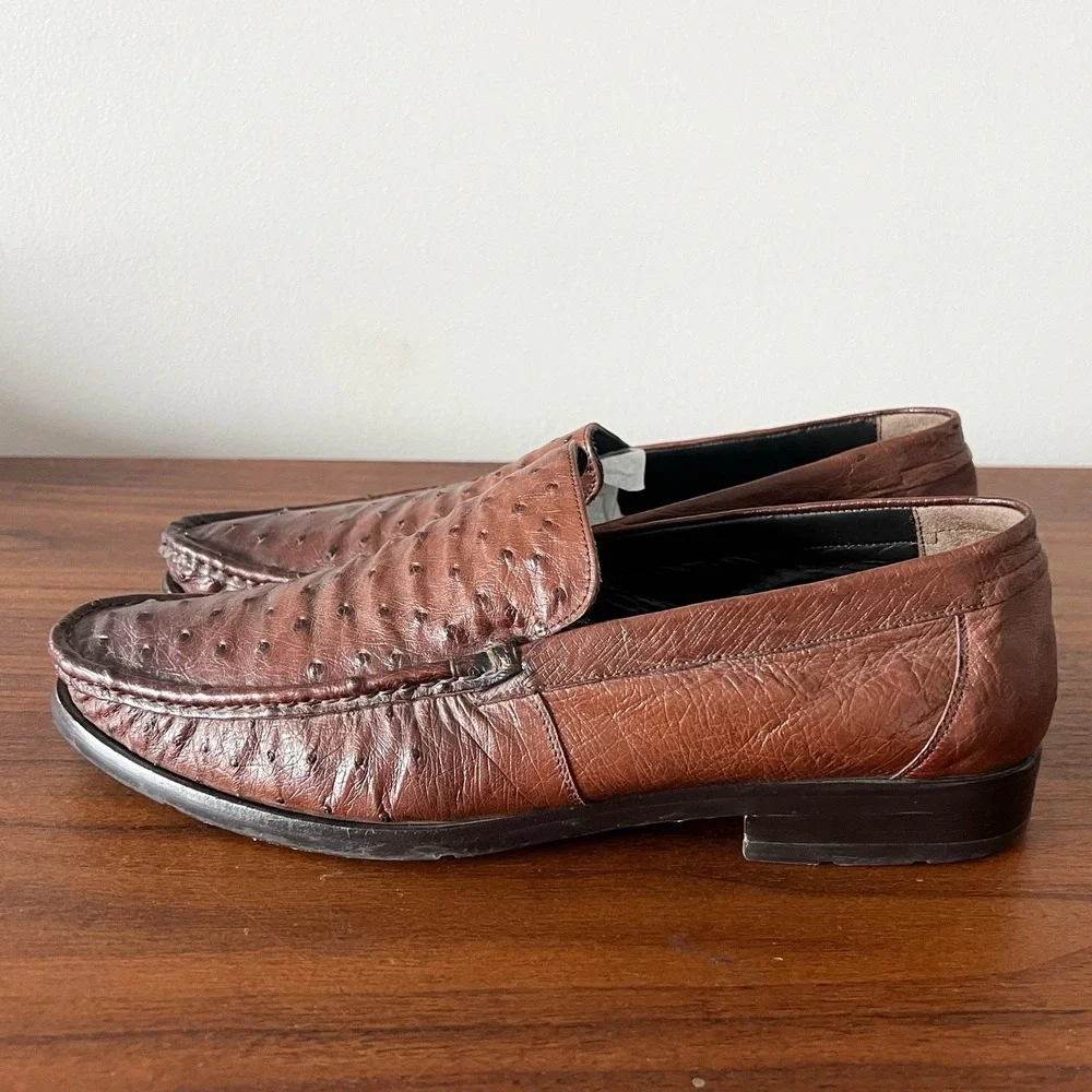 Mezlan Platinum Ostrich Leather Slip On‎ Loafers Brown Men's Size 10